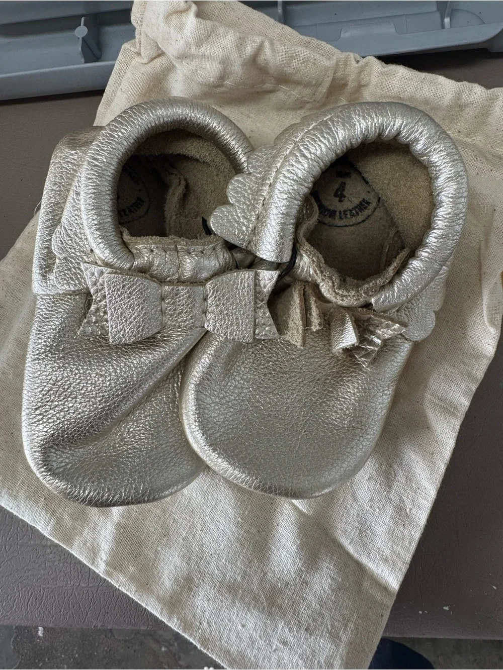 Freshly Picked Metallic Gold Baby Bow Moccasin size 4
